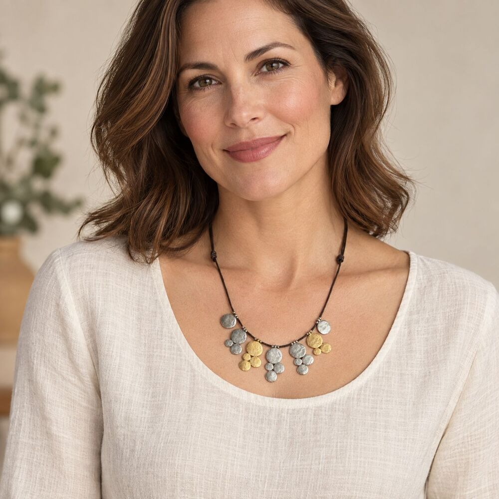J.Jill Necklace Mixed Metal Textured Disc Cluster Gold Silver Cord Adjustable